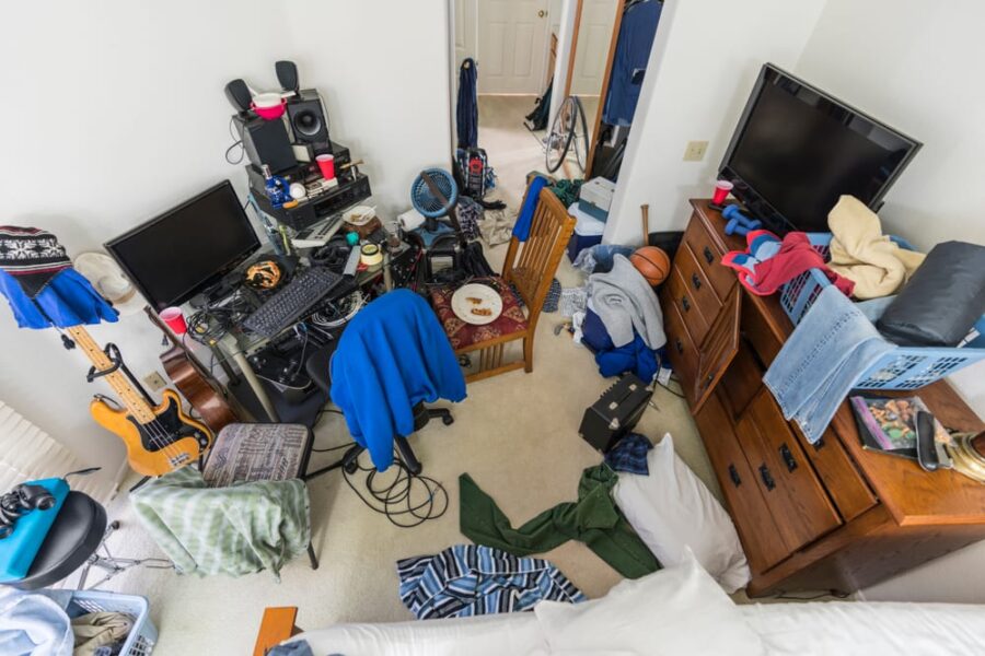 disorganized bedroom from above