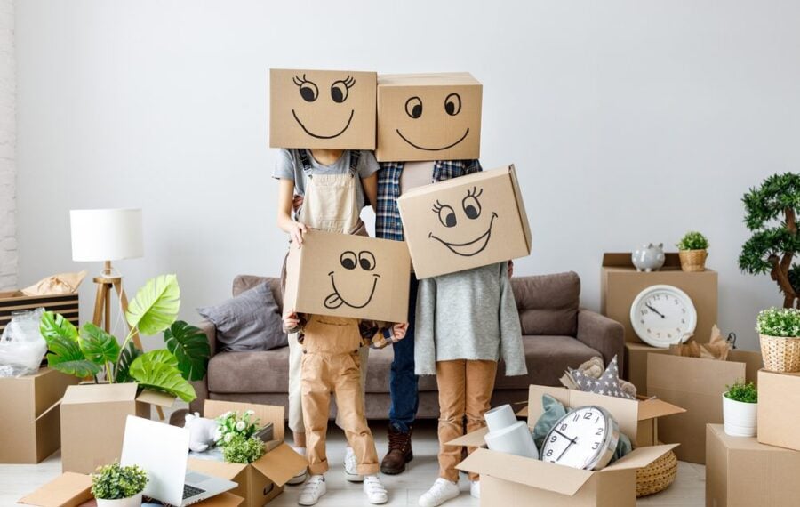 family moving boxes with faces