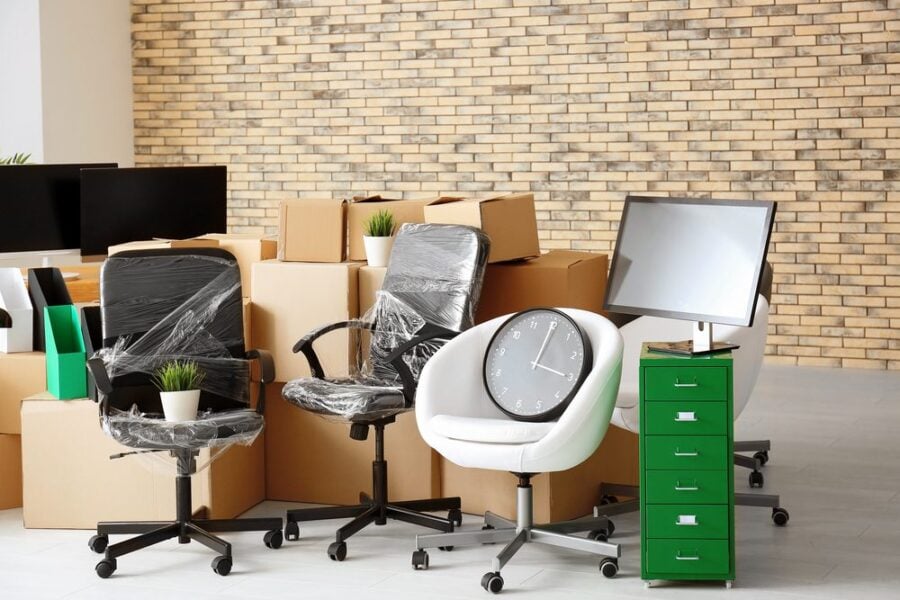 office supplies and furniture packed to move